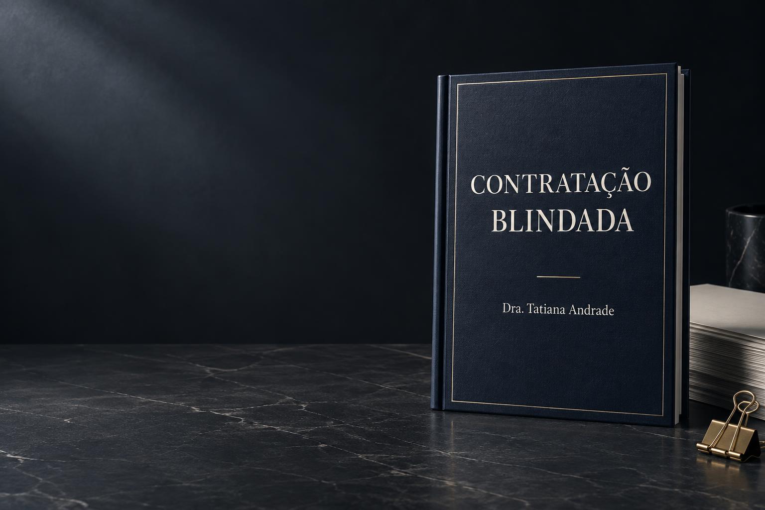 Exemplar do e-book Contratação Blindada sobre uma mesa de mármore escuro